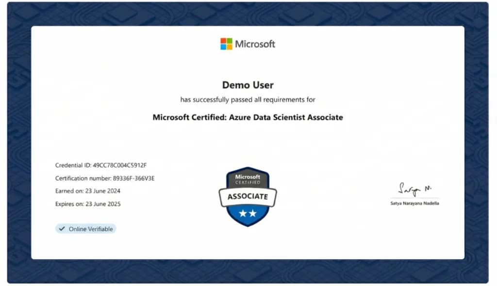 Specimen Microsoft Certified: Azure Data Scientist Associate certificate