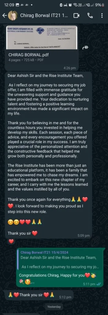 WhatsApp message from Chirag Borwal thanking the Rise team, above his Data Analyst offer letter from Techno Concepts