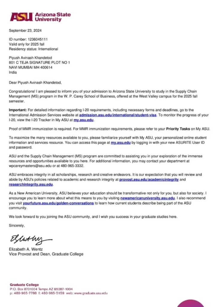 Arizona State University admission letter for Piyush Khandetod, Supply Chain Management MS, Fall 2025