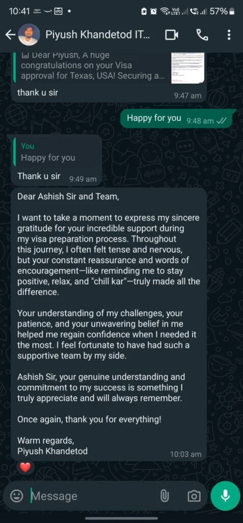 WhatsApp message from Piyush Khandetod thanking the team after his US visa approval