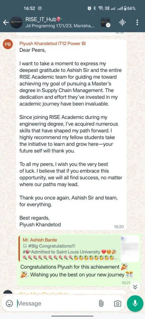 Piyush Khandetod's message to fellow students about pursuing a Master's degree, with the team's congratulations on his Saint Louis University admission