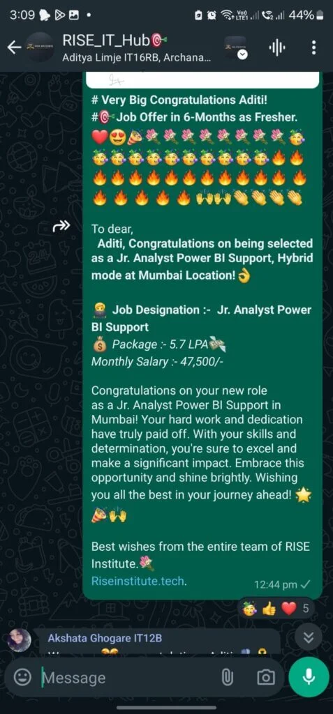 Rise group message announcing Aditi's selection as Jr. Analyst Power BI Support in Mumbai at 5.7 LPA