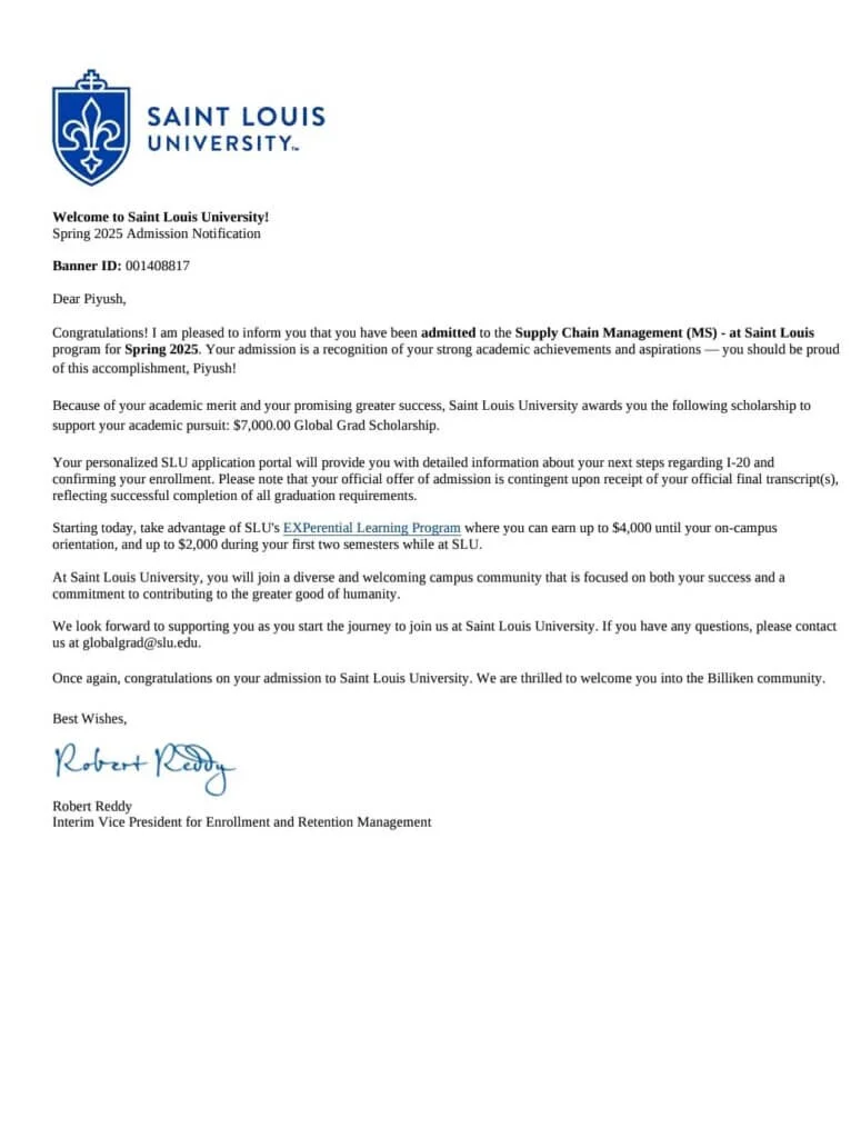 Saint Louis University admission notification for Piyush, MS Supply Chain Management, Spring 2025, with a $7,000 Global Grad Scholarship