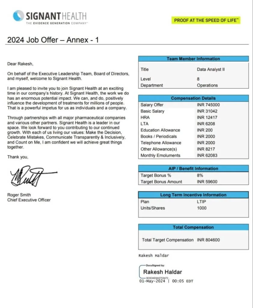 Signant Health offer annex for Rakesh Haldar, Data Analyst II