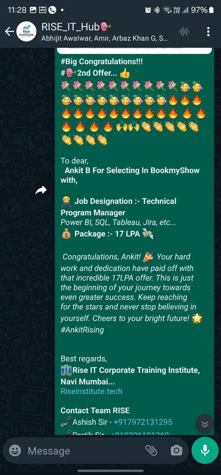 Rise group message congratulating Ankit on a Technical Program Manager offer from BookMyShow at 17 LPA